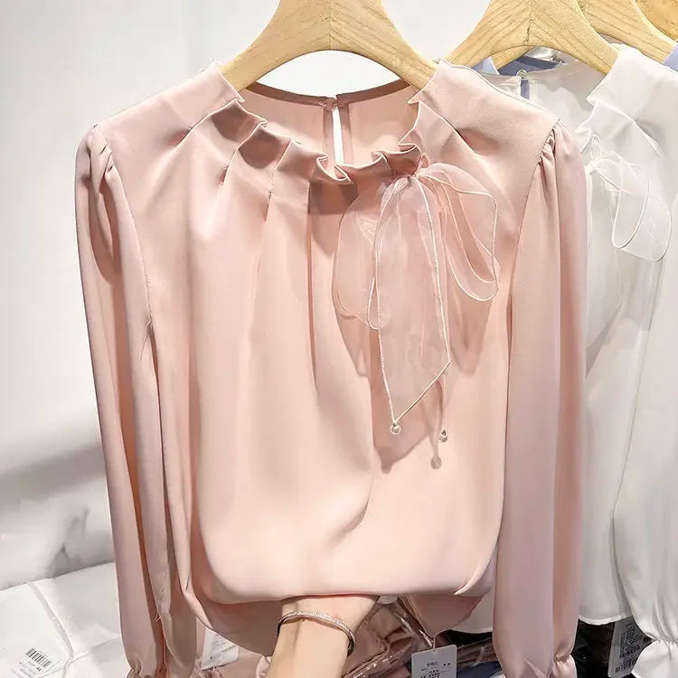 Women Stylish Ruffled Bow Lace Up Chiffon Blouses Office Lady Elegant Chic Commute Shirts Korean O Neck Long Sleeve Loose Tops