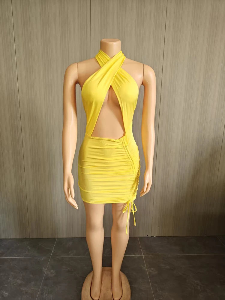 Sexy Strap Halter Deep V Neck Ruched Mini Dress Woman Backless Summer Bodycon Sleeveless Elegant Party Night Club Dresses