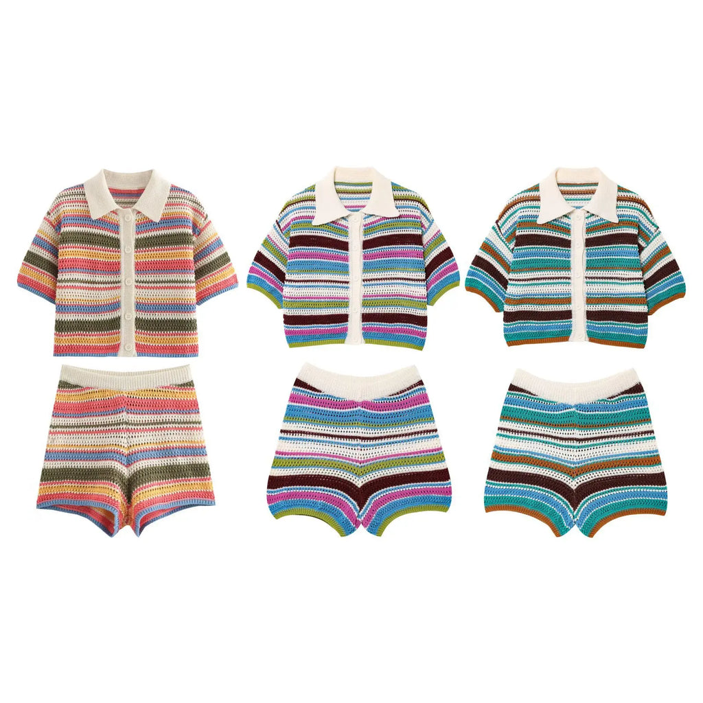 Women Patchwork Striped Hollow Out Crochet Knitted Crop Sweater Shorts Set Short Sleeve Polo Collar Sweater Knit Shorts Suit Y2K