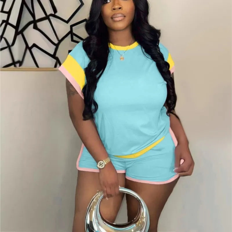 New Patchwork Casual Sporty 2 Piece Sets Women 2025 Summer Trend O-Neck Short Sleeve Tops And Shorts Matching Fitness Tracksuits