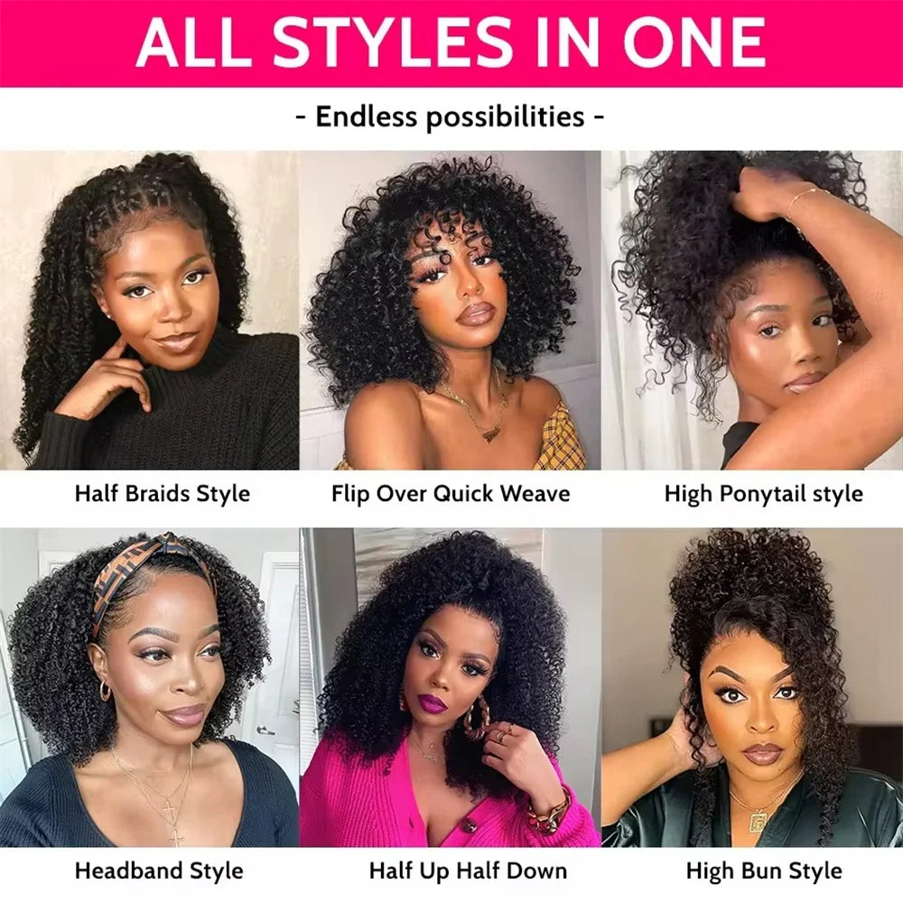 Half Wig Glueless Human Hair Wigs With Drawstring Seamless Clips 250 Density Kinky Curly Half Wigs Full Machine Made Wig