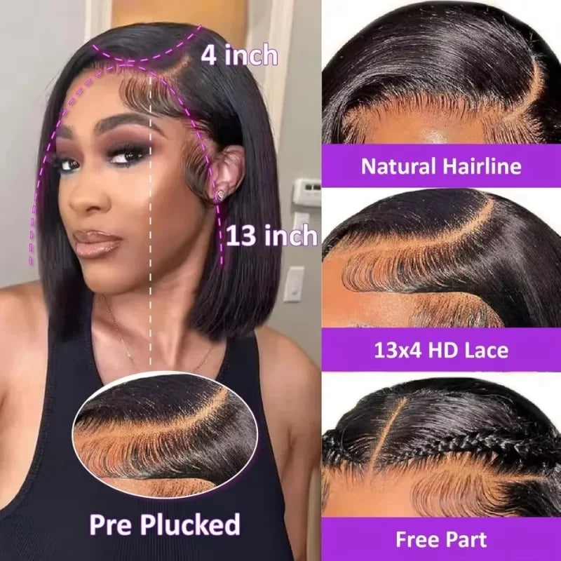 13x4 Short Bob Straight 13x4 Transparent Lace Front Wig 200% Density Human Hair Pre Plucked Wigs For Black Women 12 16 Inch