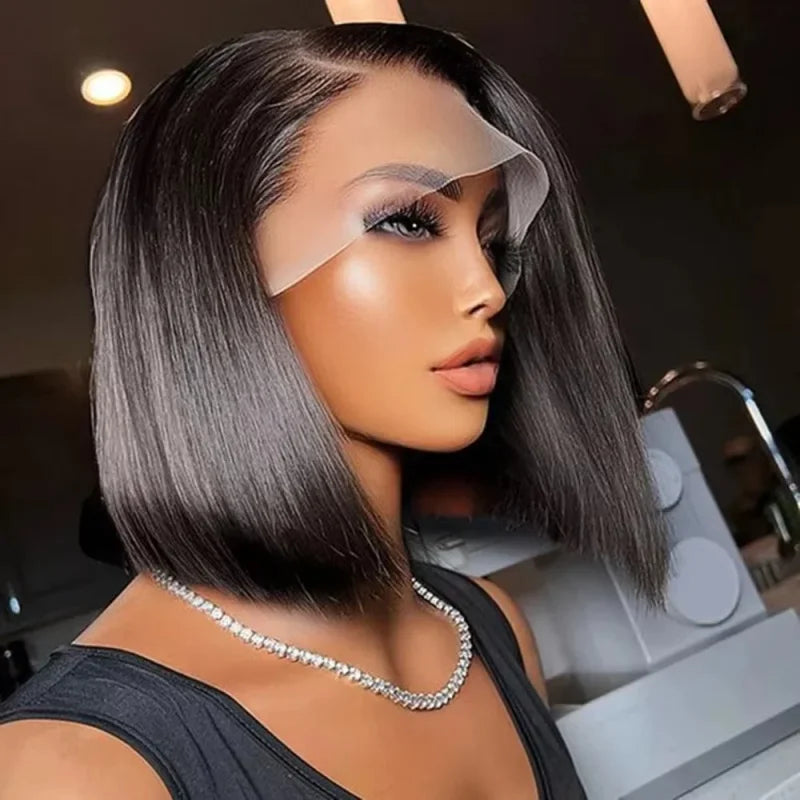13x4 Short Bob Straight 13x4 Transparent Lace Front Wig 200% Density Human Hair Pre Plucked Wigs For Black Women 12 16 Inch