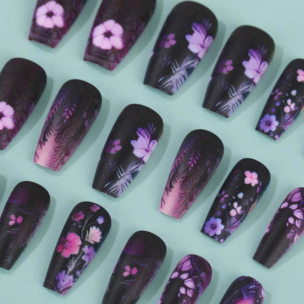 24PCS Dark Luxury Purple Floral Press on Nails with Square European Hand Painted Vintage Cherry Blossoms Artistic False Nails 네일