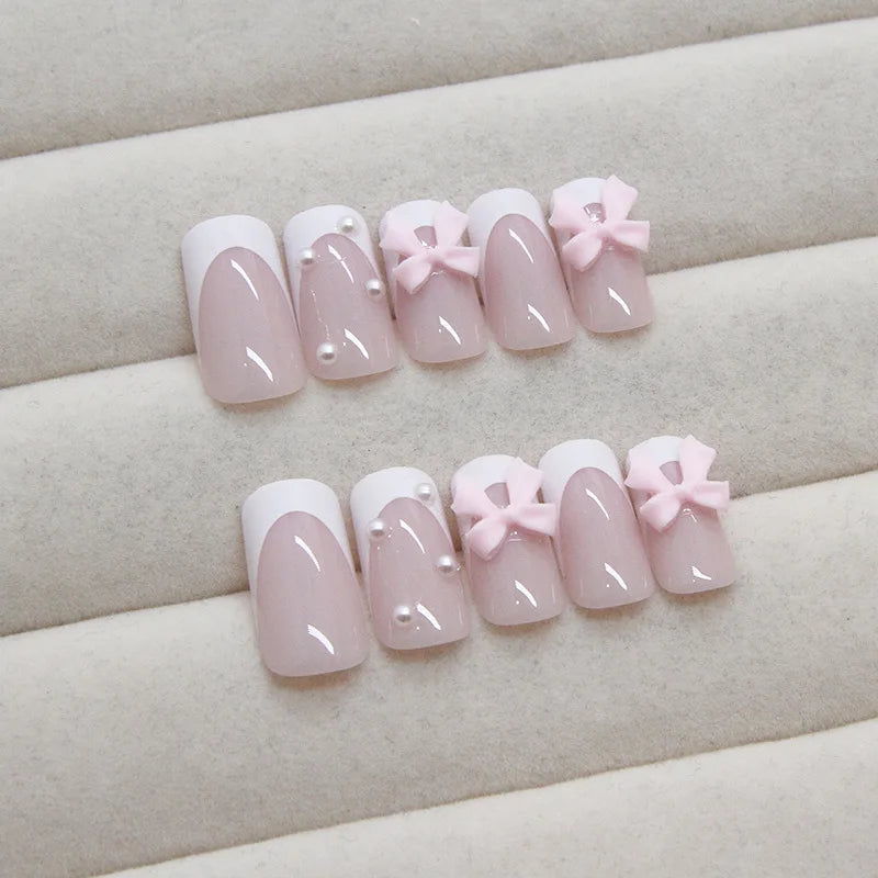 24Pcs Ballet False Nails Long French Press on Nails with Flower Design Wearable Coffin Fake Nail Pink Bow Design Manicure Tips