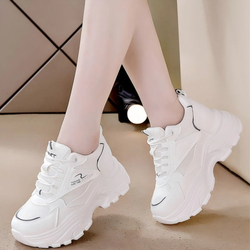Women's Comfortable Chunky Dad Shoes Mesh Breathable Hidden Height Increasing Platform Sneakers Casual Lace-Up Sport White Shoes