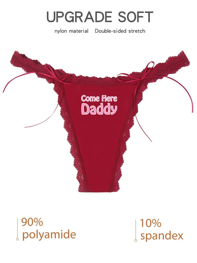 Come Here Daddy Underwear Cute Panties Women's Sexy Lace Thong Thin Strap Underwear Ripple Edge Wine Red Traceless GString