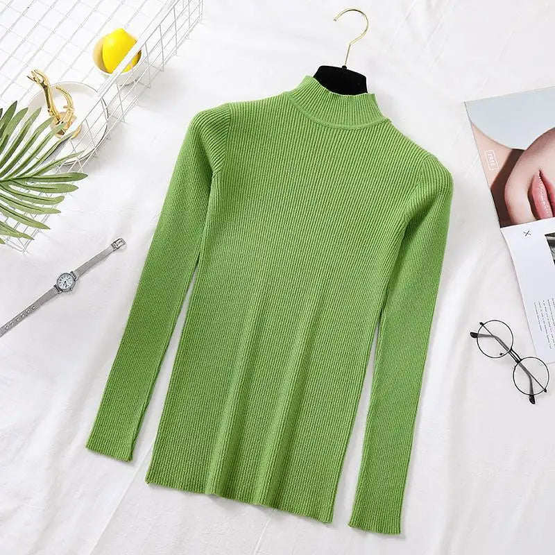 Autumn Winter Women Pullover Sweater Fashion Half Turtleneck Knitted Female Jumper Long Sleeve Winter Soft Elastic Tops