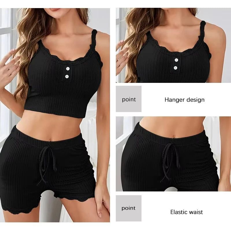 Womens Two Piece Pajama Set Ribbed Knit Lace Trim Crop Cami Top And Shorts Summer Loungewear Sleepwear Homewear New hot selling