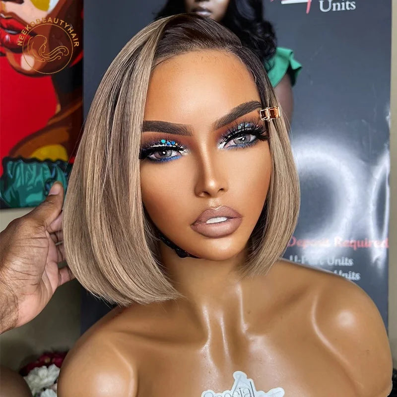 Ash Blonde Ombre Lace Front Wig Honey Blonde Transparent Lace Frontal Wig Ombre Blonde Colored Human Hair Bob Wis With Dark Root