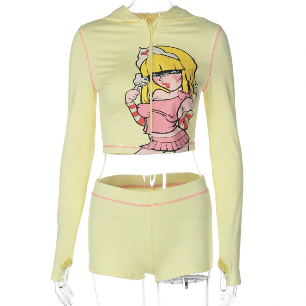 HLJ Y2K Trend Fashion Pattern Print Hooded Two Piece Sets Women Zip Long Sleeve Slim Crop Top + Skinny Pants Outfits Streetwear