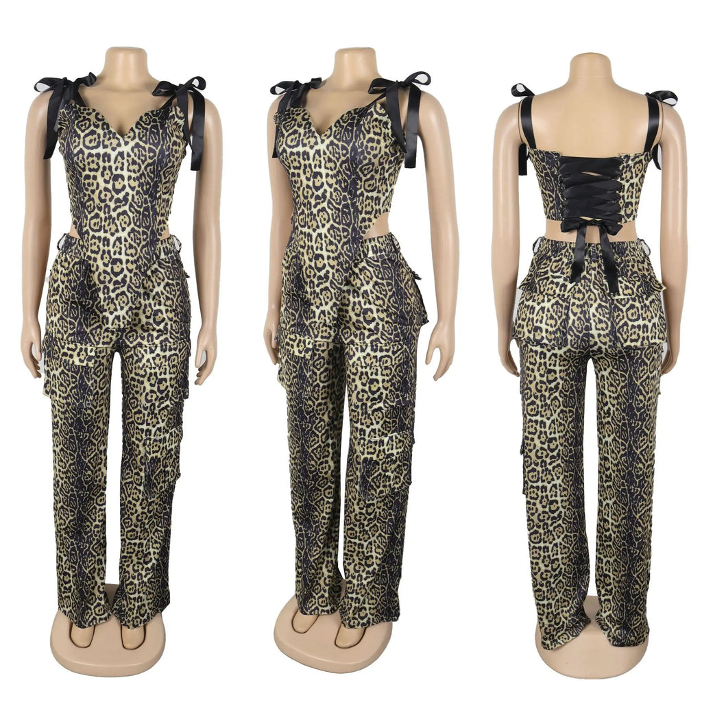 2 Piece Sets Women Print Top Straight Pants Suit Multiple Pockets Strapless Floor Length Trousers Ensemble 2025 Sexy Outfits