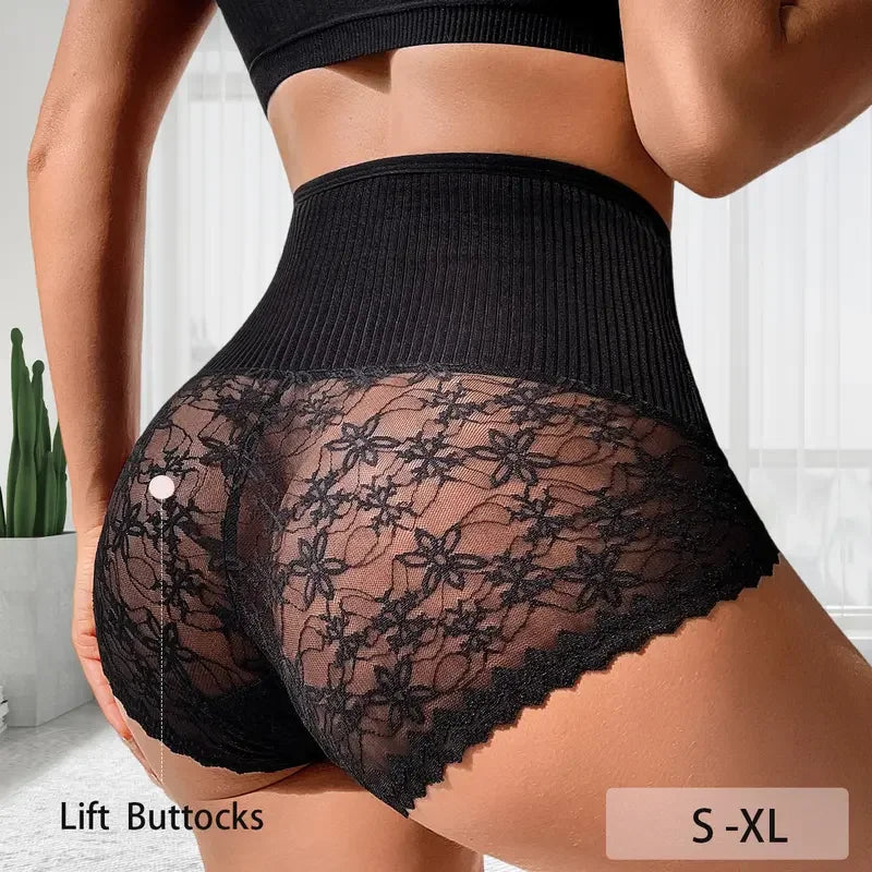 1pcs High Waist Lift Buttocks Sexy Women Panties Embroidery Floral Ribbed Lady Briefs Breathable Comfort Female Underpants