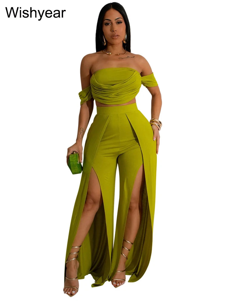 New Sexy Strapless Crop Tops and High Split Wide Leg Pants Green Two 2 Pieces Women Birthday Outfit Matching Set Night Clubwear