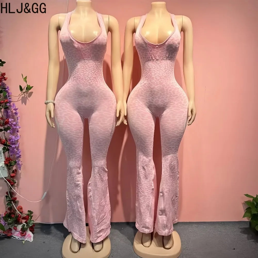 HLJ&GG Spring Sexy Leopard Print Patchwork Bodycon Jumpsuits Women Spaghetti Strap Backless Rompers Female Streetwear Overalls