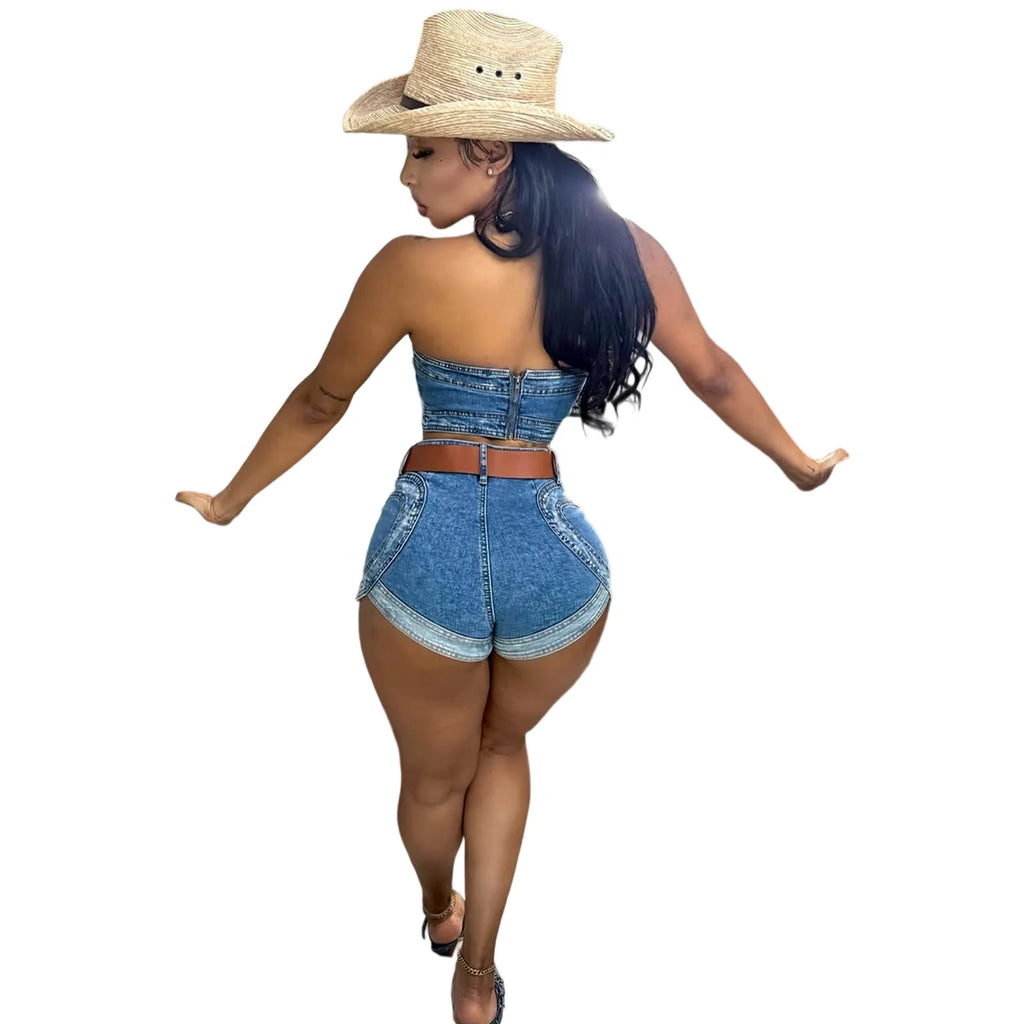 Denim Short Sets Women Strapless Tops Sexy Two Piece Set Y2k Streetwear High Street Jeans Shorts Lady Slim Fit Sleeveless Summer