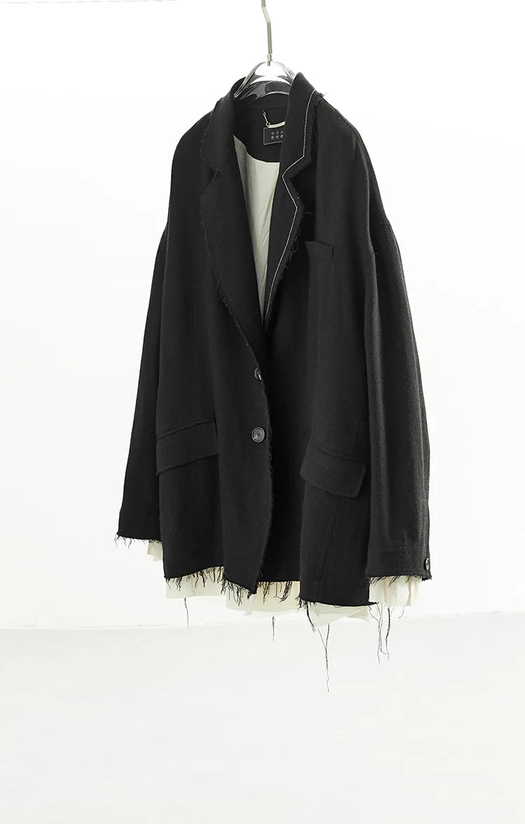 Custom Fabric Designer Style~Mysterious Black Blazer, Faux Two-Piece Fringed Oversized Jacket, Women's Casual Loose Top, New Spring 2026 Collection