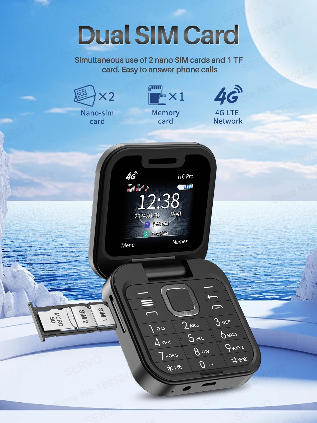 SERVO i16 Pro 4G LTE Mini Flip Mobile Phone Dual SIM Standby Call Recording Speed Dial FM Radio Blacklist Small Fold Cellphones