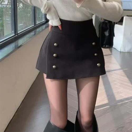 Double-Breasted Simple Woolen A-Line Mini Skirt Women's Autumn Winter Sexy Bodycon Short Pants Versatile High Waist Skirt