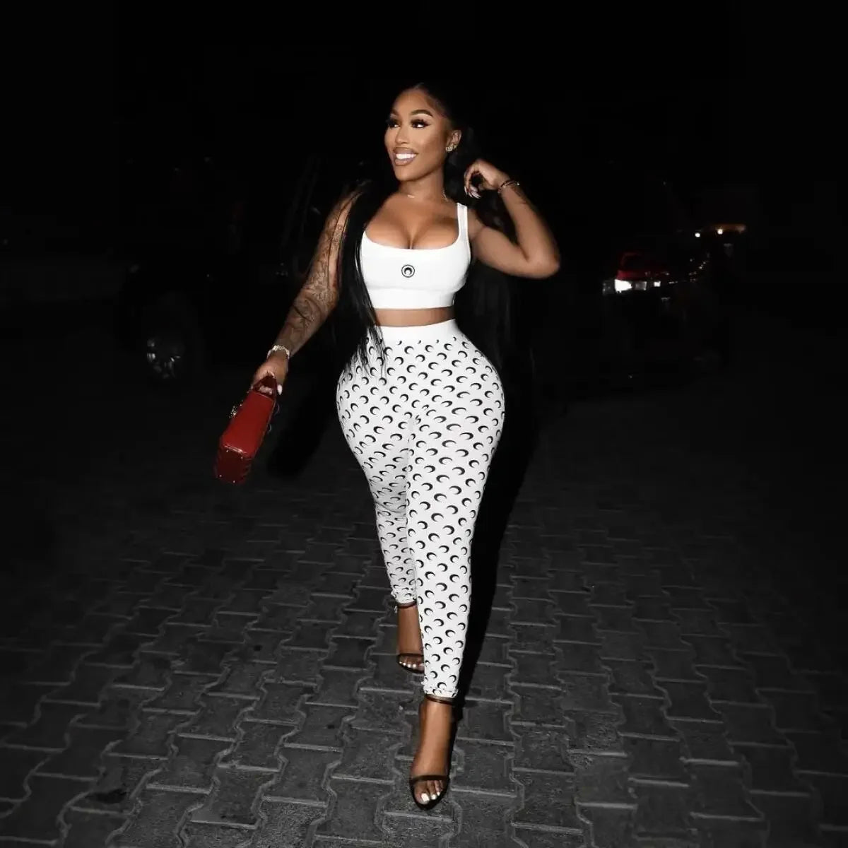 Y2K Two Piece Set Women Sexy Slim Fit Vest and Pants High Street Retro Crescent Print Matching Set