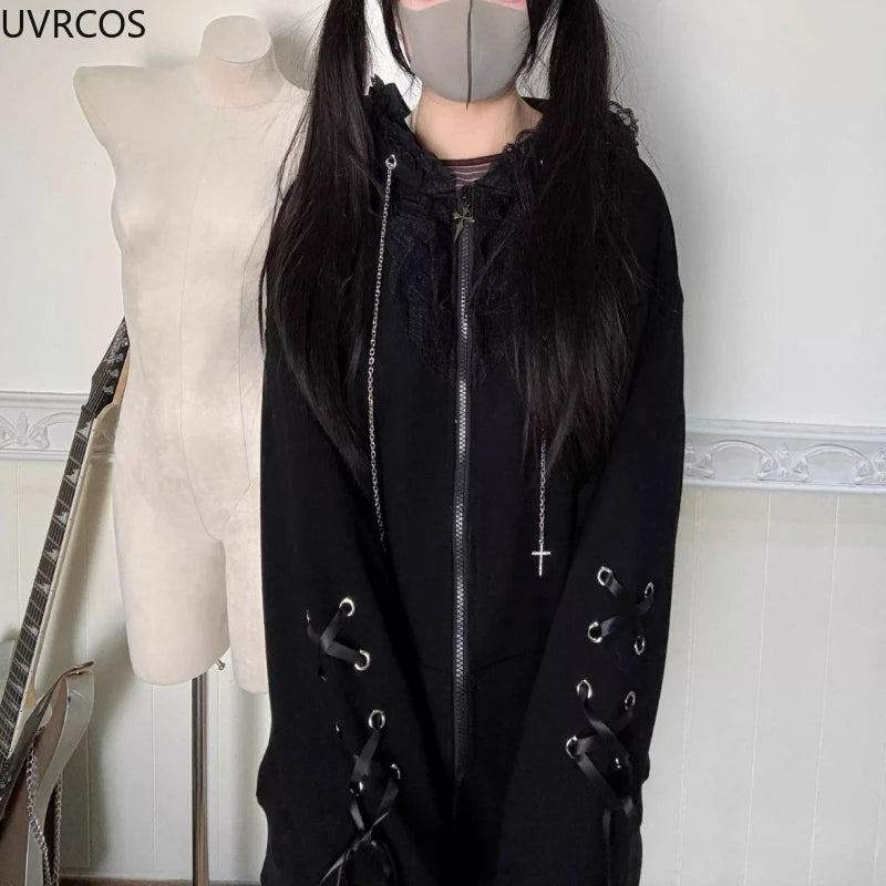 Japanese Kawaii Cat Ears Hooded Hoodies Women Y2k Aesthetic Grunge Casual Bandage Zipper Sweatshirt Fashion Trend Sportswear Top