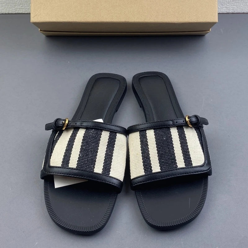Striped Canvas Flat Slide Women Sandals Buckle Open Toe Slip-On Slippers Casual Summer Shoes Comfort Beach and Outdoor Wear