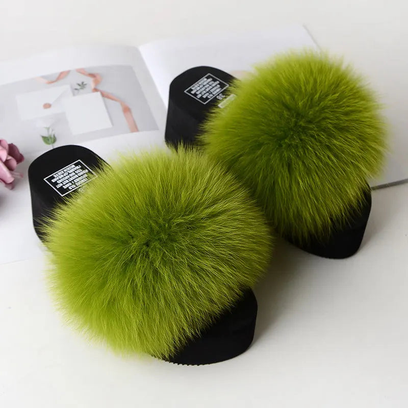 Women Fox Fur Slippers Woman Fashion Sandals Girls Casual Fur Slides 7cm Thick Sole Summer Platform Shoes Modern Slippers Wedges