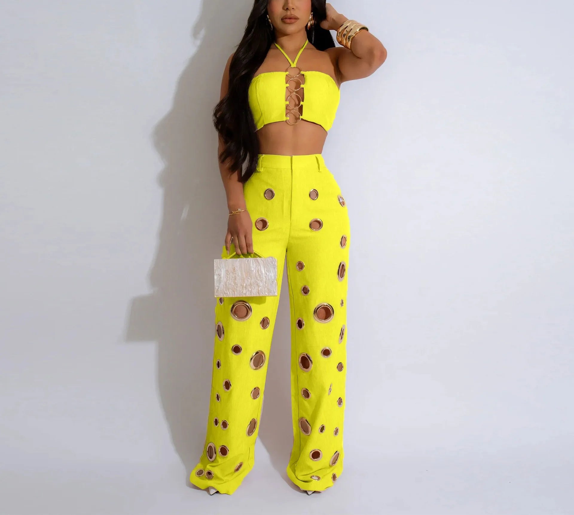 Metal Ring Hollow Out Two Piece Set Women Sexy Strapless Lace Up Halter Backless Crop Tops + Wide Leg Pants Casual Street Suits
