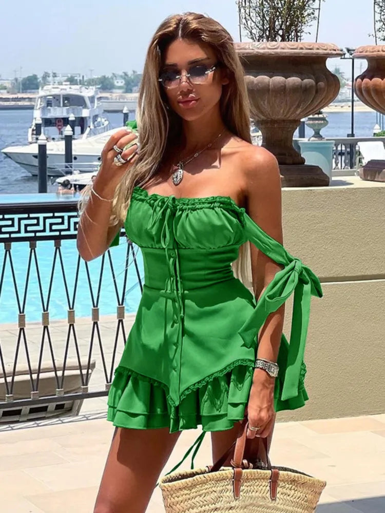 Mozision Sleeveless Ruffled Sexy Mini Dress For Women Robe Spaghetti Strap Backless Lace-up Bodycon Dress Elegant Clubwear