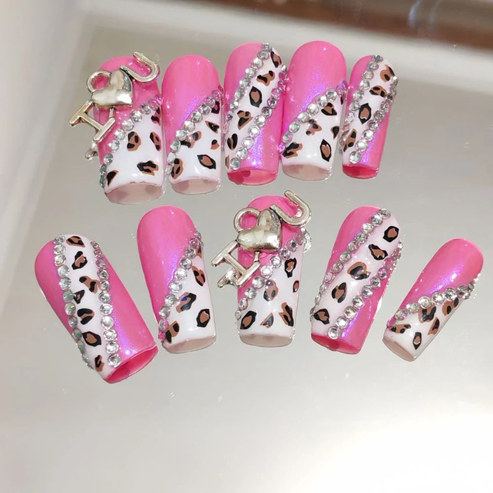 10Pcs Sweet Lovely Handmade Long Coffin Wearable Fake Nail Kawaii Girlish Heart Cartoon Pink Pearl Bow Diamond False Nail Gift