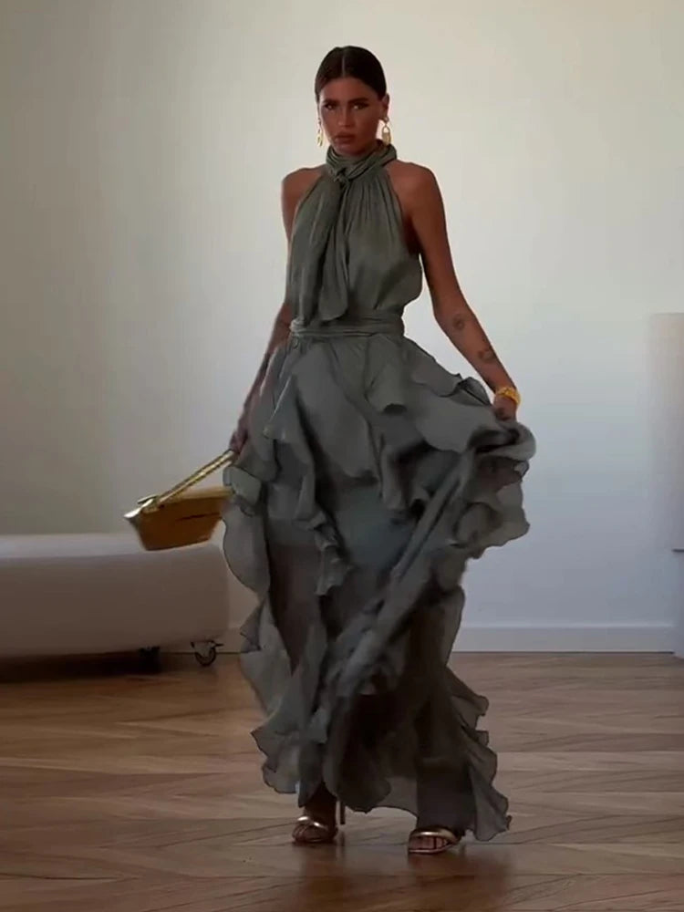 Fashion Halter Ruffle Long Dress Women Chiffon Sleeveless Ruffled Tiered Waist Cinching Party Dresses Lady Holiday Y2K Chic Robe