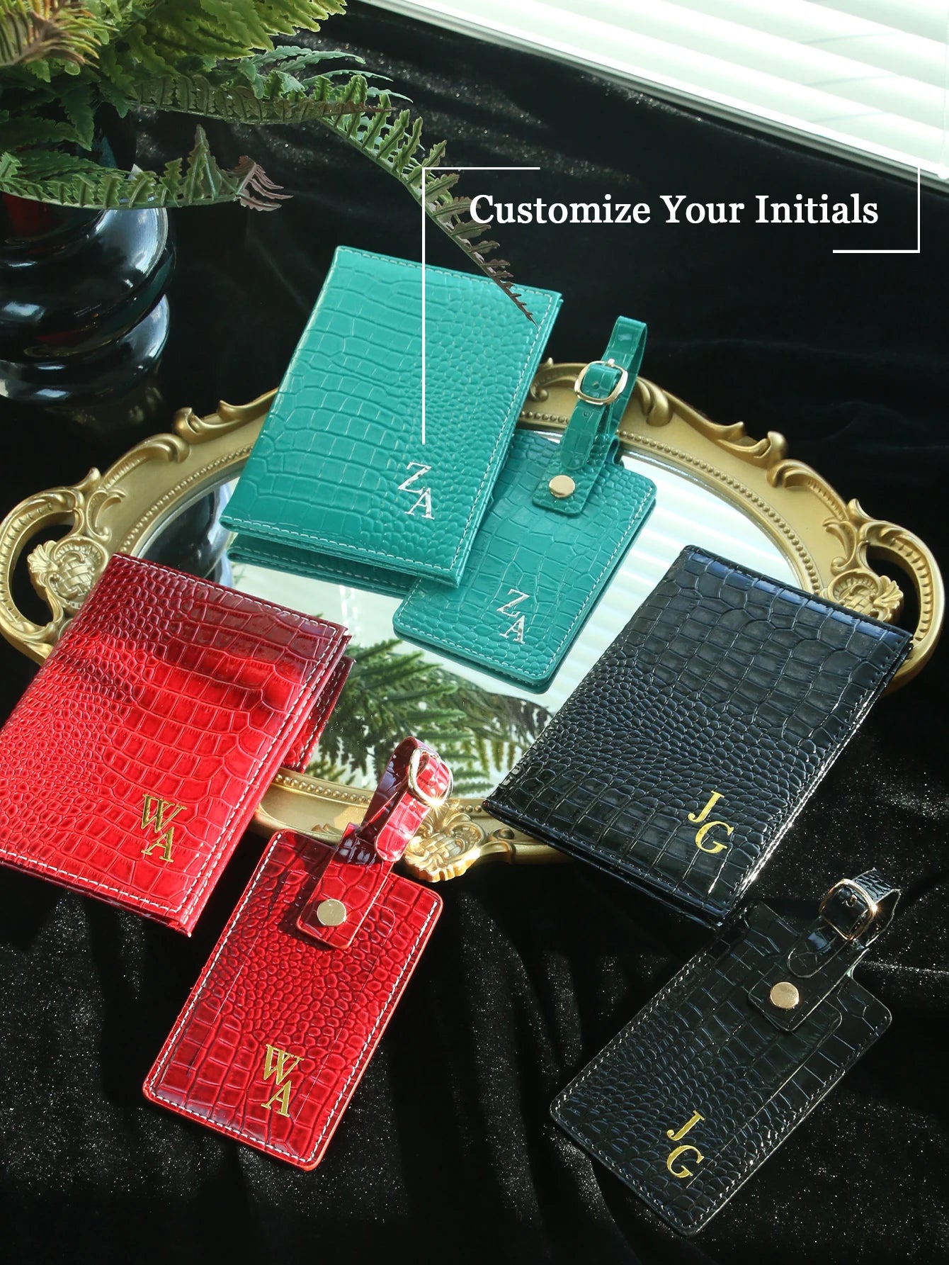 Customized Initial Passport Holder & Luggage Tag Set Personalized Gold Silver Monogram Embossed Crocodile Leather Travel Gift