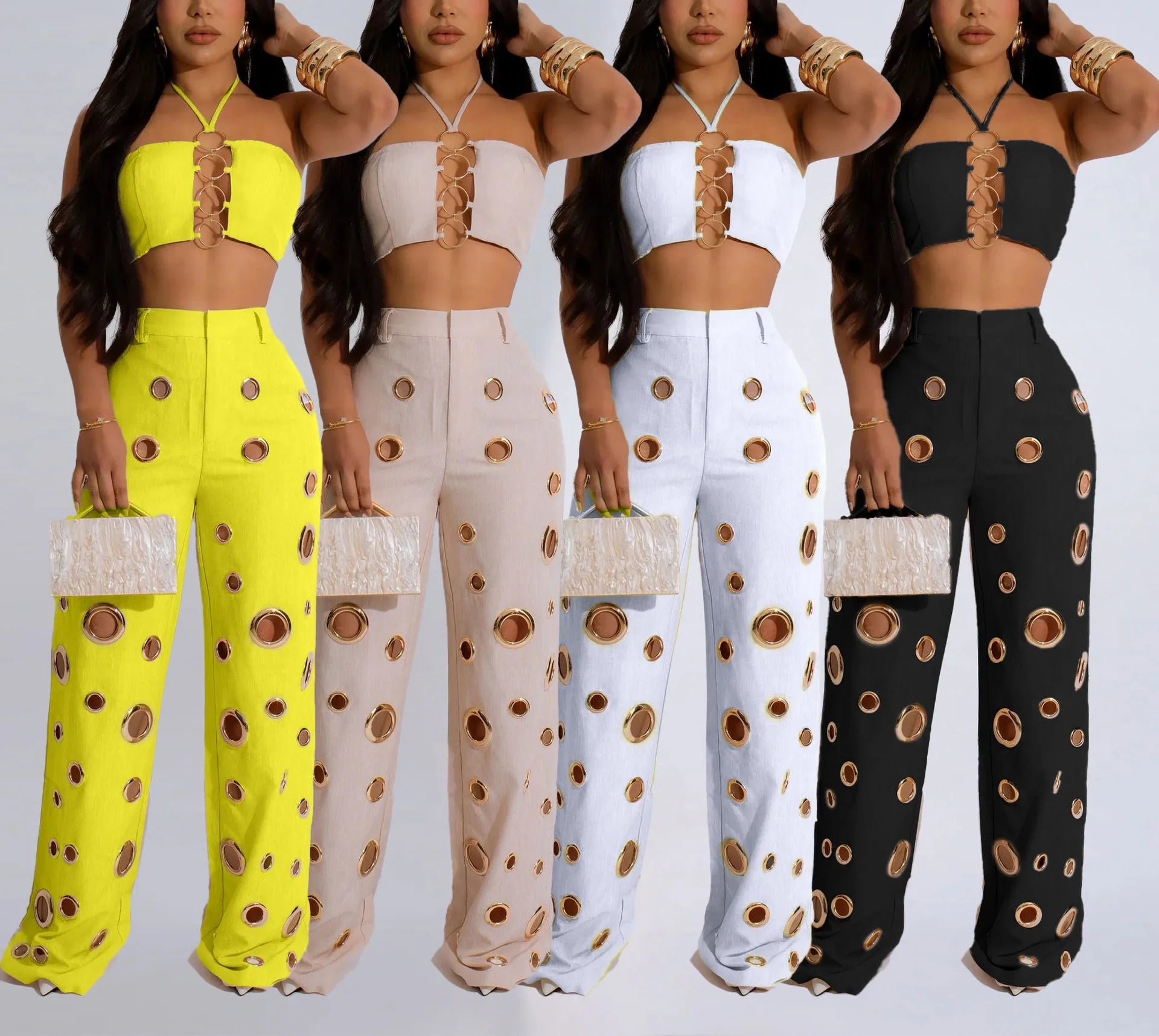 Metal Ring Hollow Out Two Piece Set Women Sexy Strapless Lace Up Halter Backless Crop Tops + Wide Leg Pants Casual Street Suits