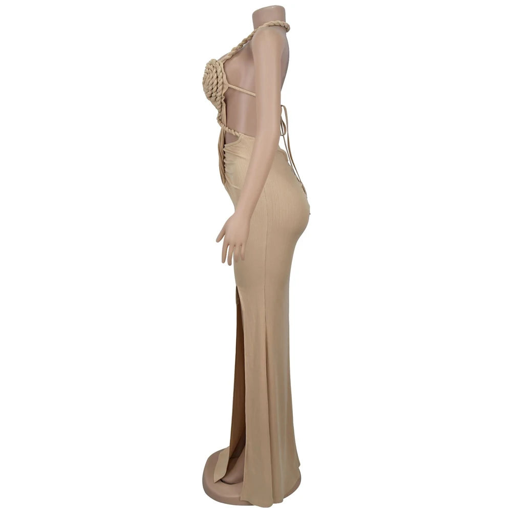 Hemp Rope Halter Neck Stacked Ruched High Slit Knit Bodycon Knotted Maxi Dress for Women Summer 2025 Birthday Sexy Party Dresses