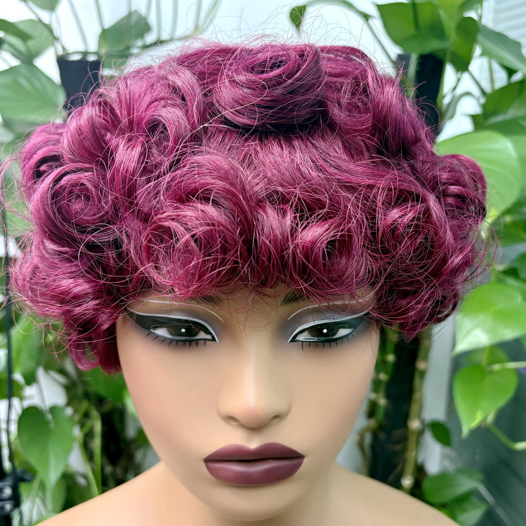Full Machine Made Loose Wavy Bob Wig Human Hair Wigs 220% Short Colored Bouncy Curly Gluelesss Human Hair Wigs with Bangs