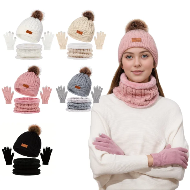 Warm & Soft Winter Fleece Knitted Hat Scarf Touch Screen Gloves 3Pcs Set Perfect Ear & Neck Warmer for Skiing Hat Outdoor Sports