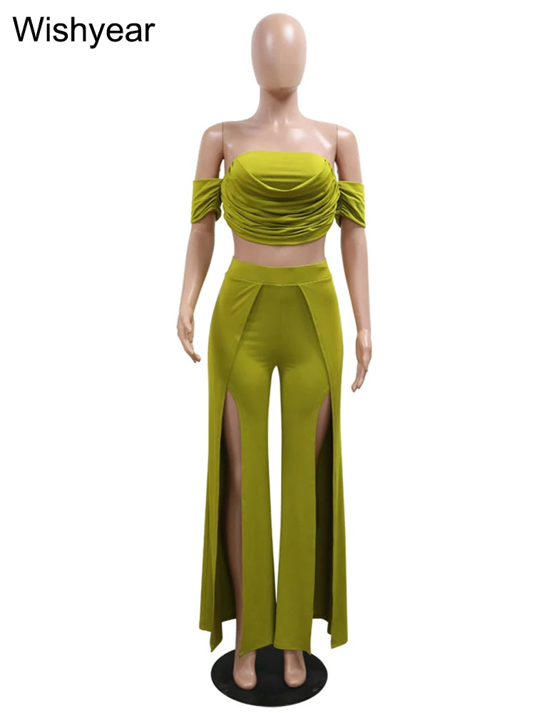 New Sexy Strapless Crop Tops and High Split Wide Leg Pants Green Two 2 Pieces Women Birthday Outfit Matching Set Night Clubwear