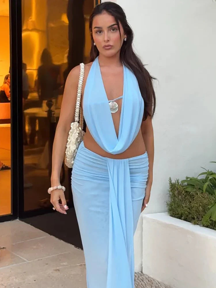 Sexy Dress Set Women Halter Crop Top And Maxi Skirt Matching Sets Female Elegant Beach Club Party Skirt Two Piece Set