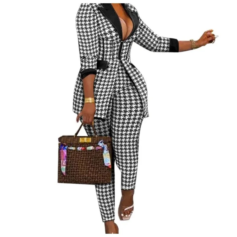 Sexy Two Piece Suit for Women Blazer and Pants Set Print Long Sleeves Coats and Trousers Streetwear Female Autumn Winter 2026