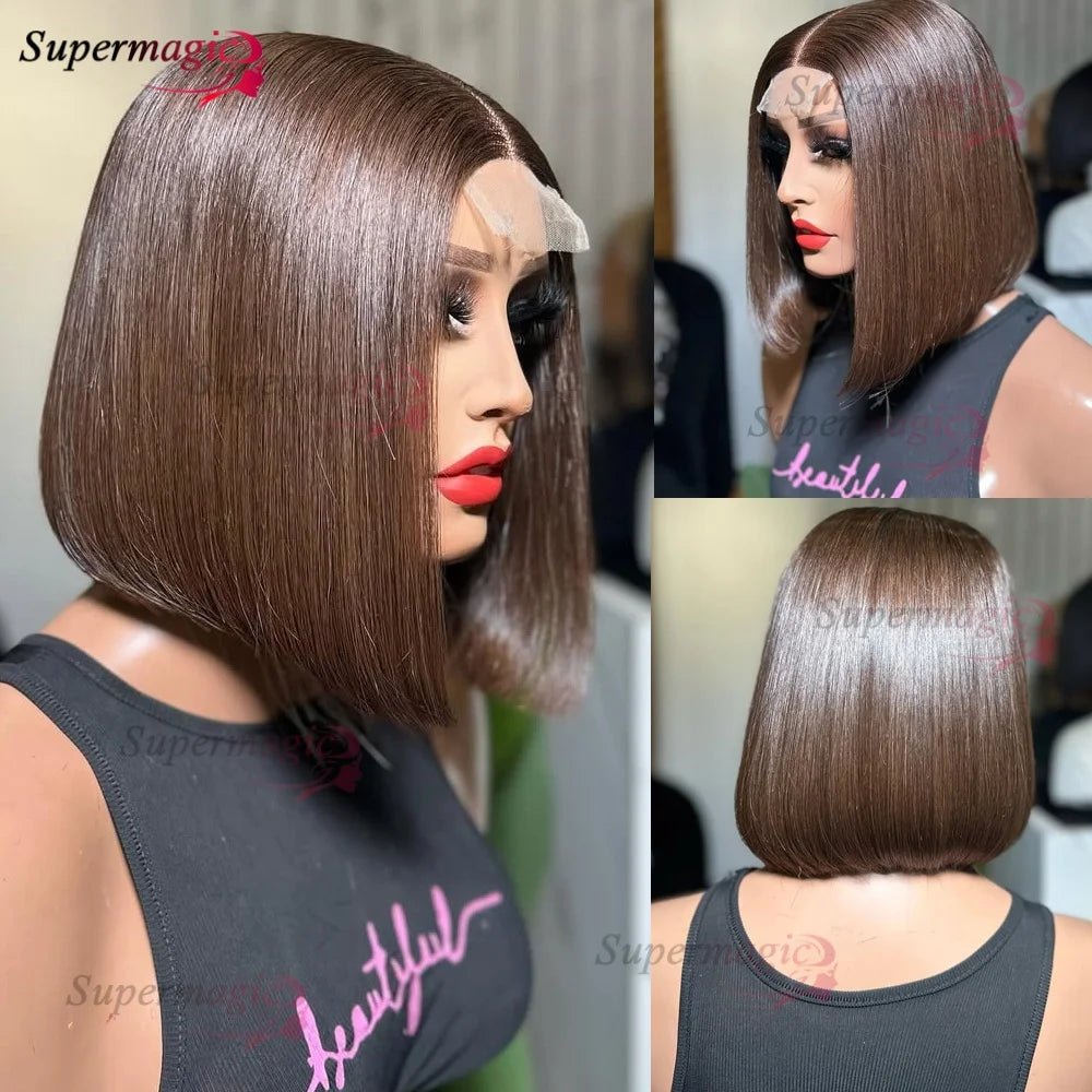 Double Drawn 2x6 HD Glueless Bone Straight Bob Wigs Raw Vietnamese Virgin Human Hair Short Chocolate Brown Bob Wigs for Women