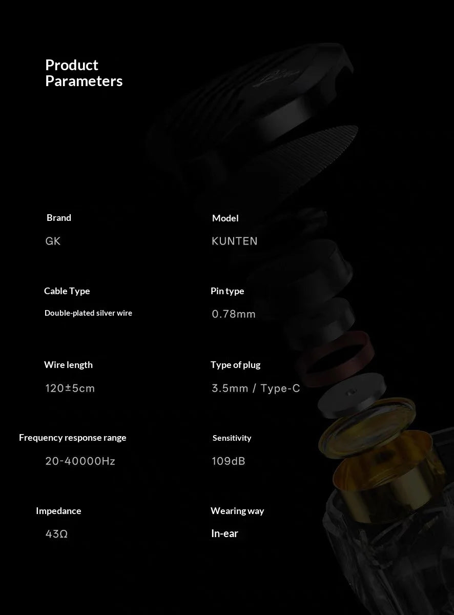 GK KUNTEN Dynamic Drive Headphones HIFI Heavy Bass Earbuds Sports Metal Headphones Detachable Eeadphones 2PIN KZ Zenith ED Gift