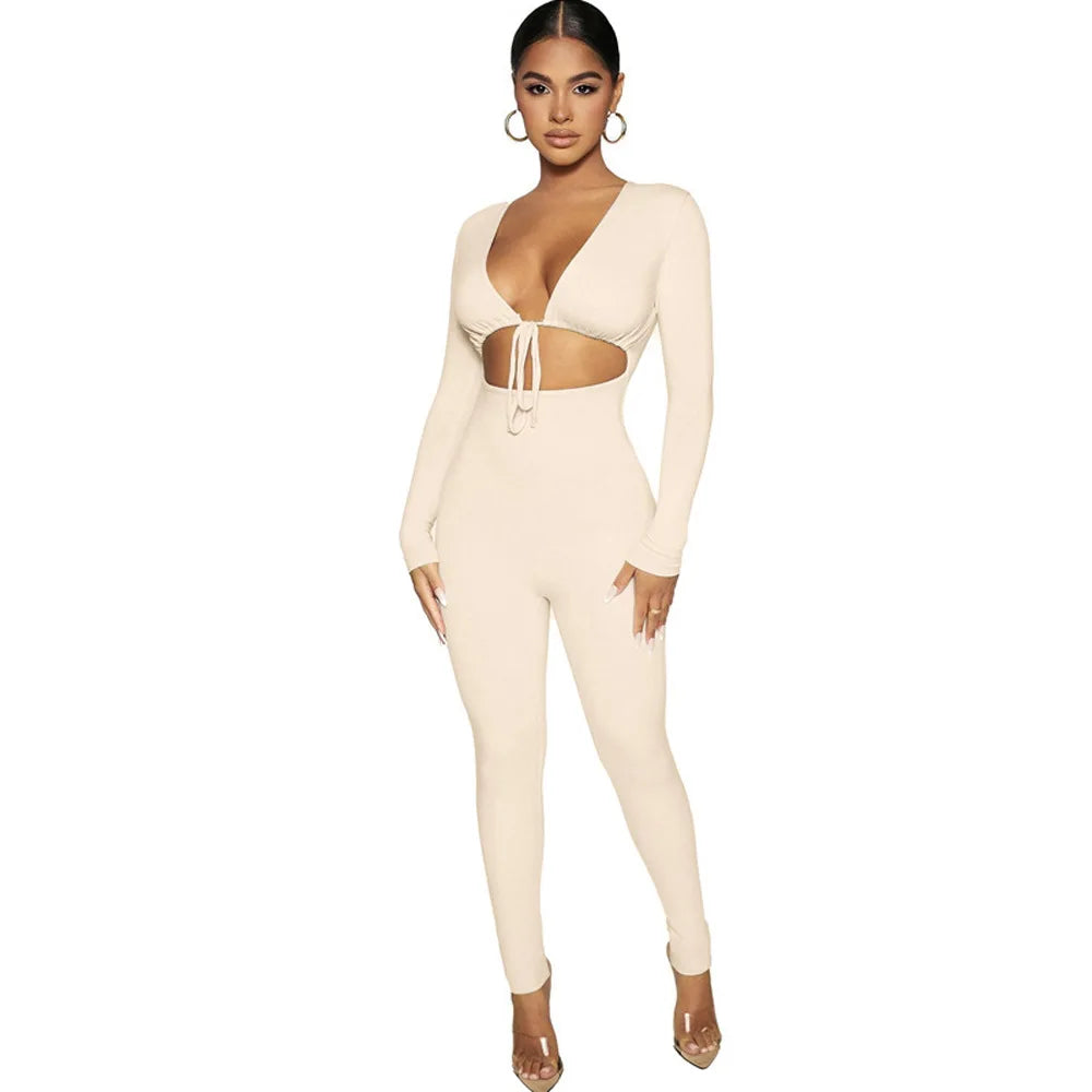 Summer Y2K Streetwear Women's Sexy Hollow Out Jumpsuits Bandage Tie Long Sleeve Bodycon Playsuits Women Clothes Gothic Rompers