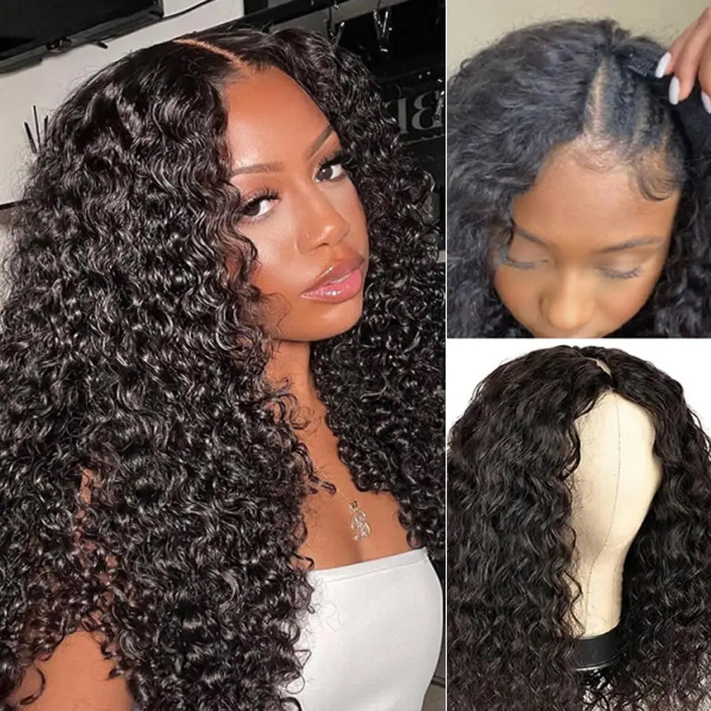 Curly Wigs V Part Human Hair Wigs for Black Women Water Wave Wigs Glueless V Shape Wigs Beginner Friendly In Natural Color