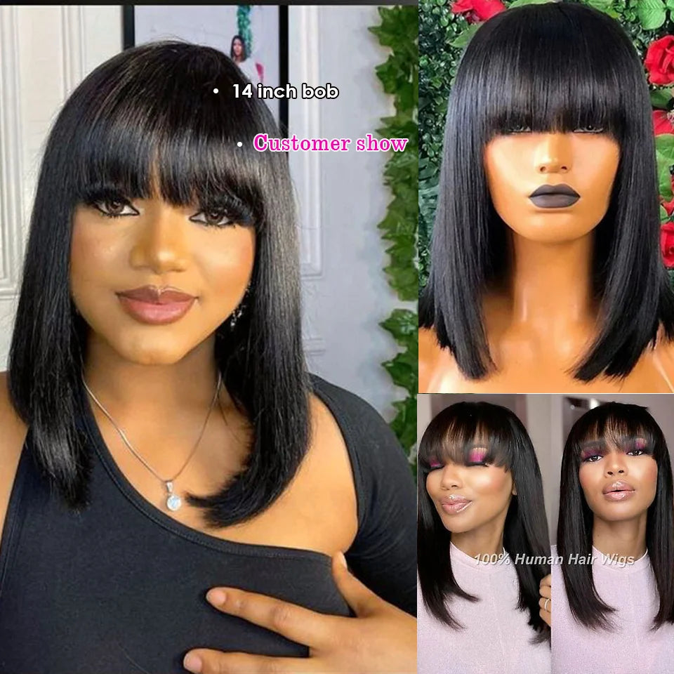 Short Bob Wig With Bangs Glueless Human Hair Wig Ready to Go Straight Hair Bob Wigs Brazilian Remy Full Machine Wigs for Women