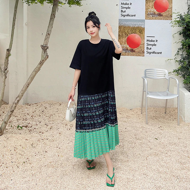 NYFS 2026 Summer New Korean Woman Dress Vestidos Robe Elbise Loose Plus Size Short Sleeve Patchwork Two Fake Pieces Long Dresses
