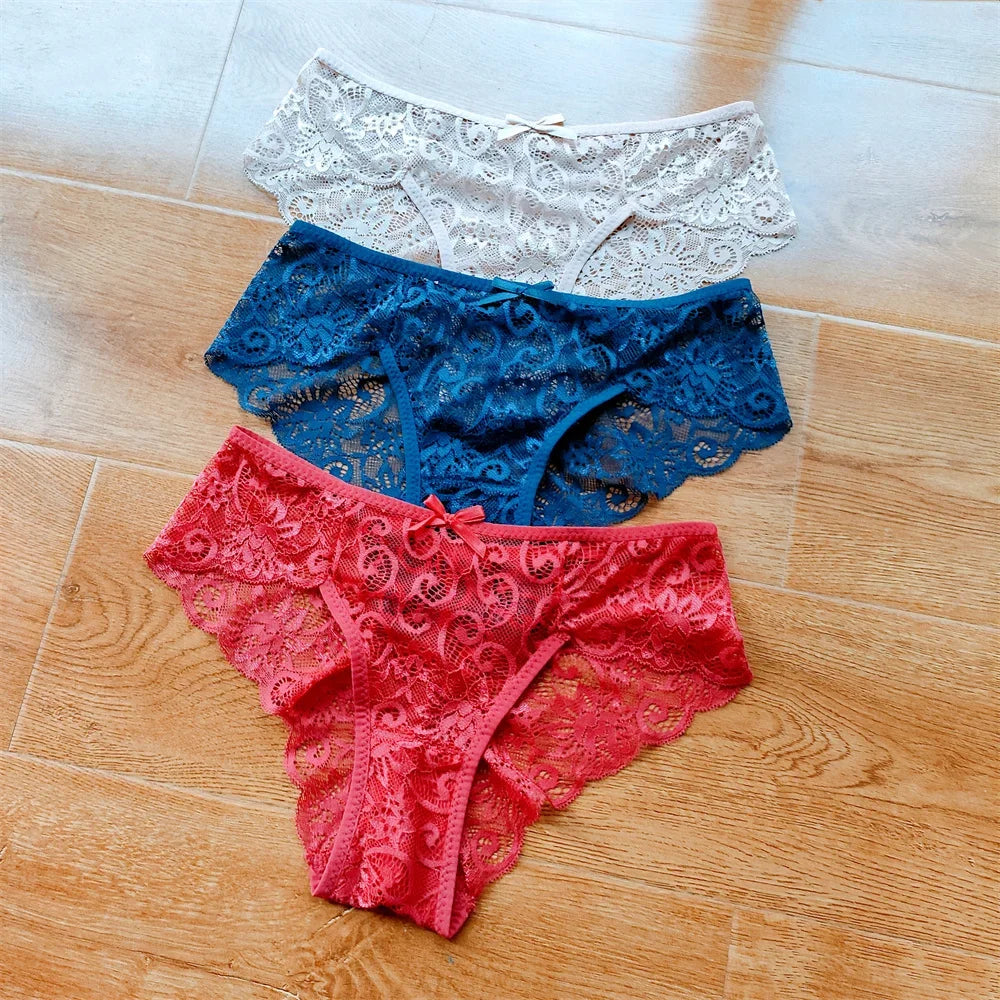 3Pcs/Set Sexy Panties Women Perspective Lace Underwear Hollow Out Breathable Briefs Cute Bow Intimates Lingerie Ladies Underpant