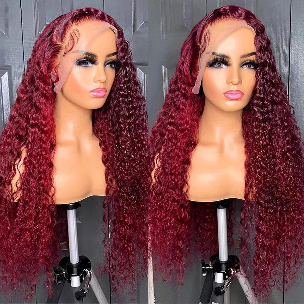 Mamushow 13x4 13x6 Deep Wave Lace Frontal Wig Transparent 99J Burgundy Curly Lace Front Wigs Red Colored HD Deep Wave Human Hair
