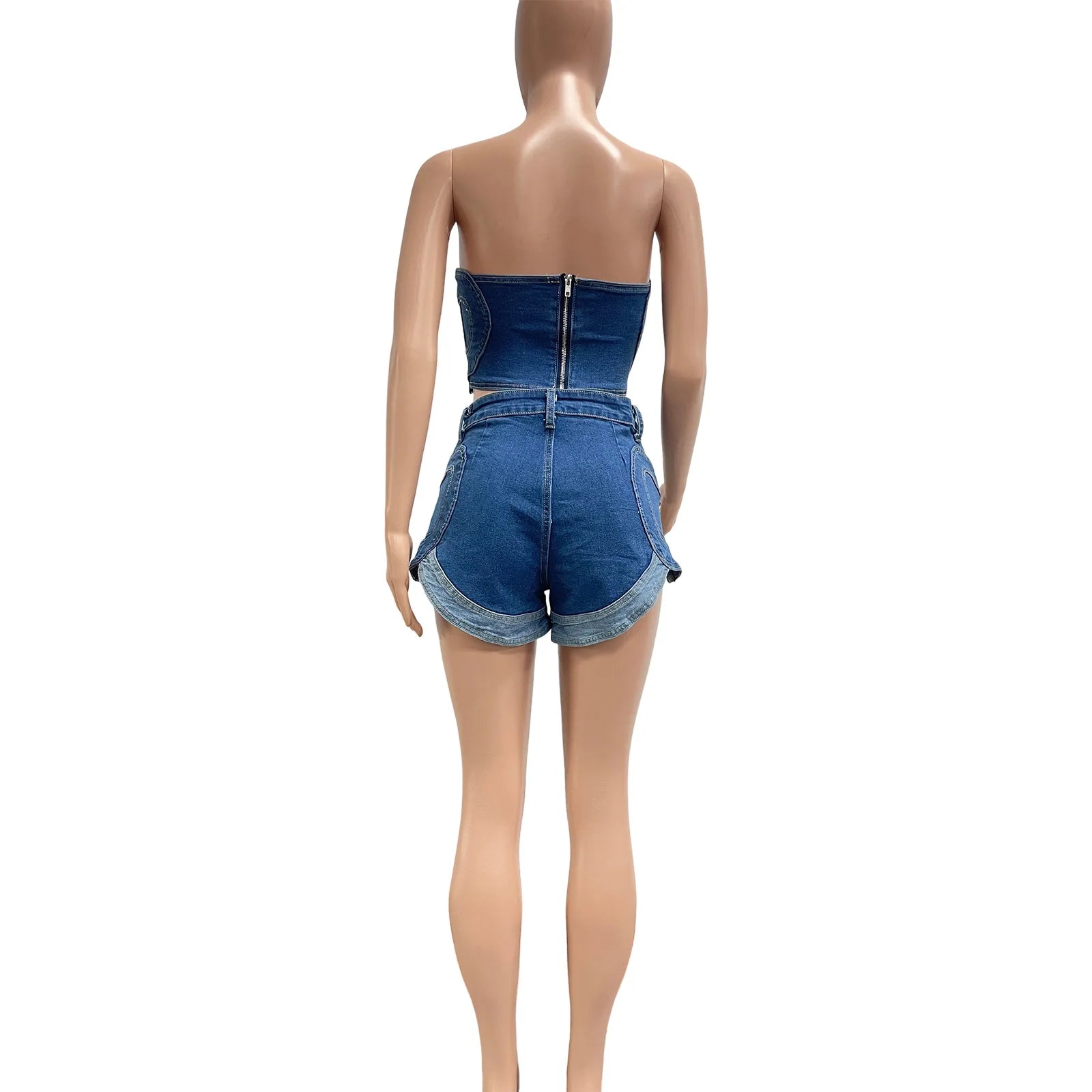 Denim Short Sets Women Strapless Tops Sexy Two Piece Set Y2k Streetwear High Street Jeans Shorts Lady Slim Fit Sleeveless Summer