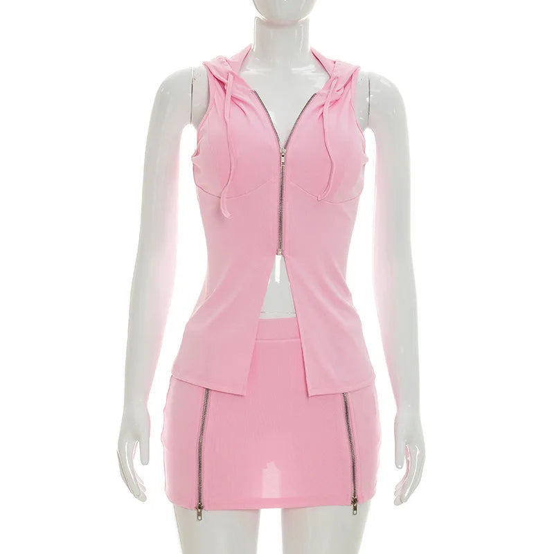 Women Solid Casual 2 Piece Set Tracksuits Zip-up Sleeveless Hooded Tanks Tops + Zippers Bodycon Mini Skirts Streetwear Suits