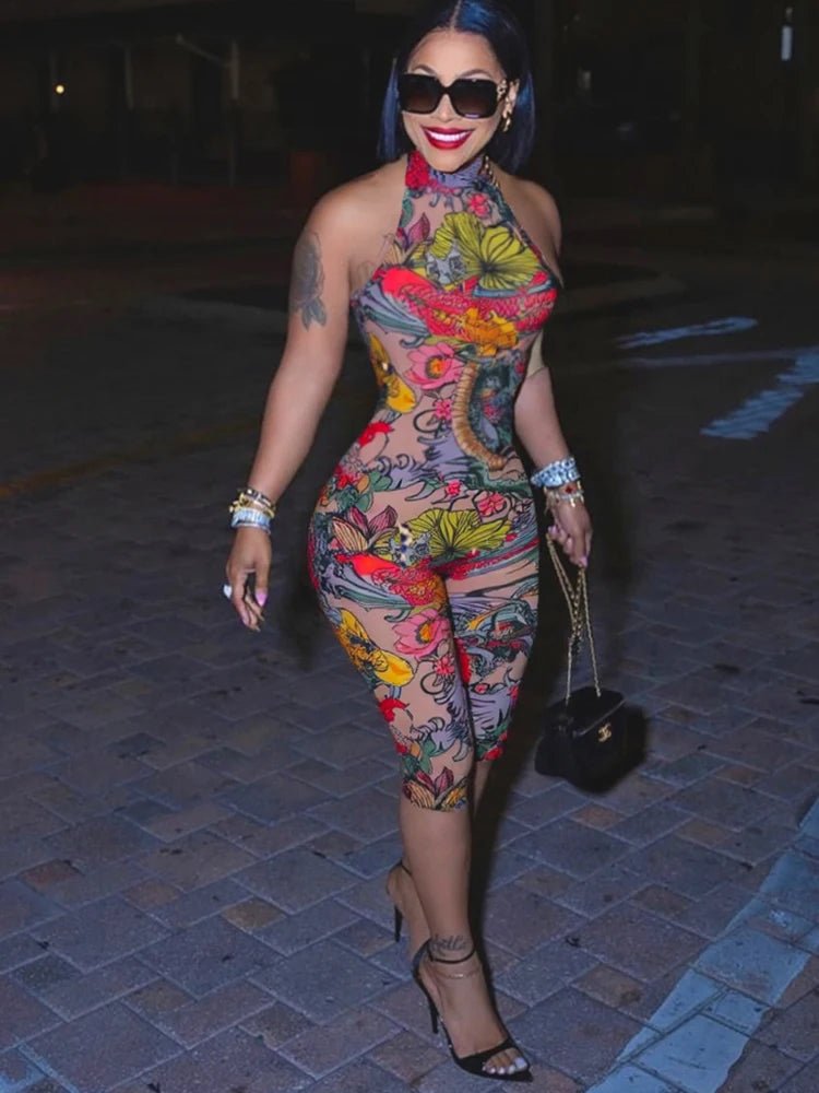 Weird Puss Colorful Print Romper Women Halter Bandage Summer Sexy Hipster Backless Activity Workout Fit Tight Stretch Playsuits - T&NLIFESTYLE Weird Puss Colorful Print Romper Women Halter Bandage Summer Sexy Hipster Backless Activity Workout Fit Tight Stretch Playsuits
